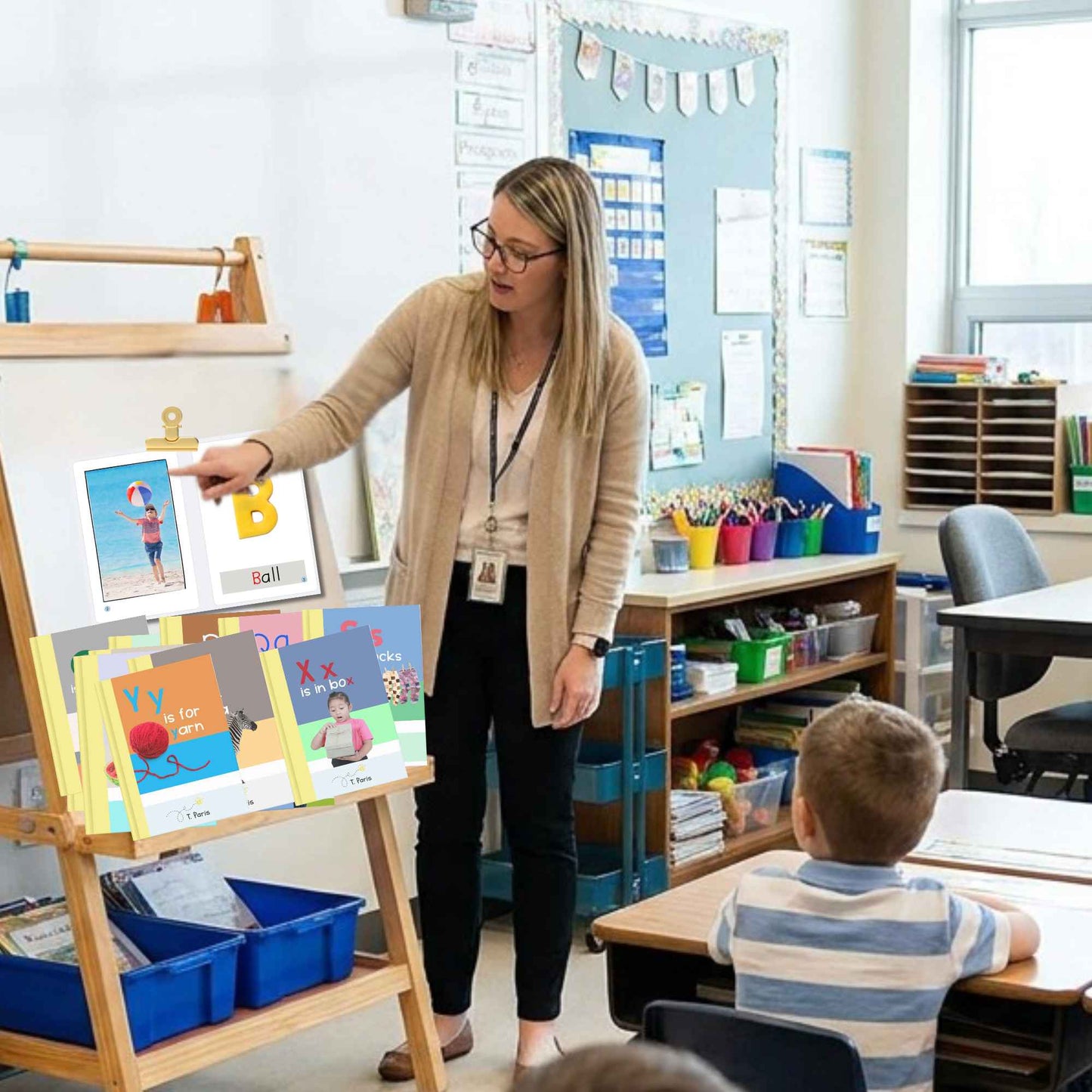 Teacher interacting with a student in a classroom setting