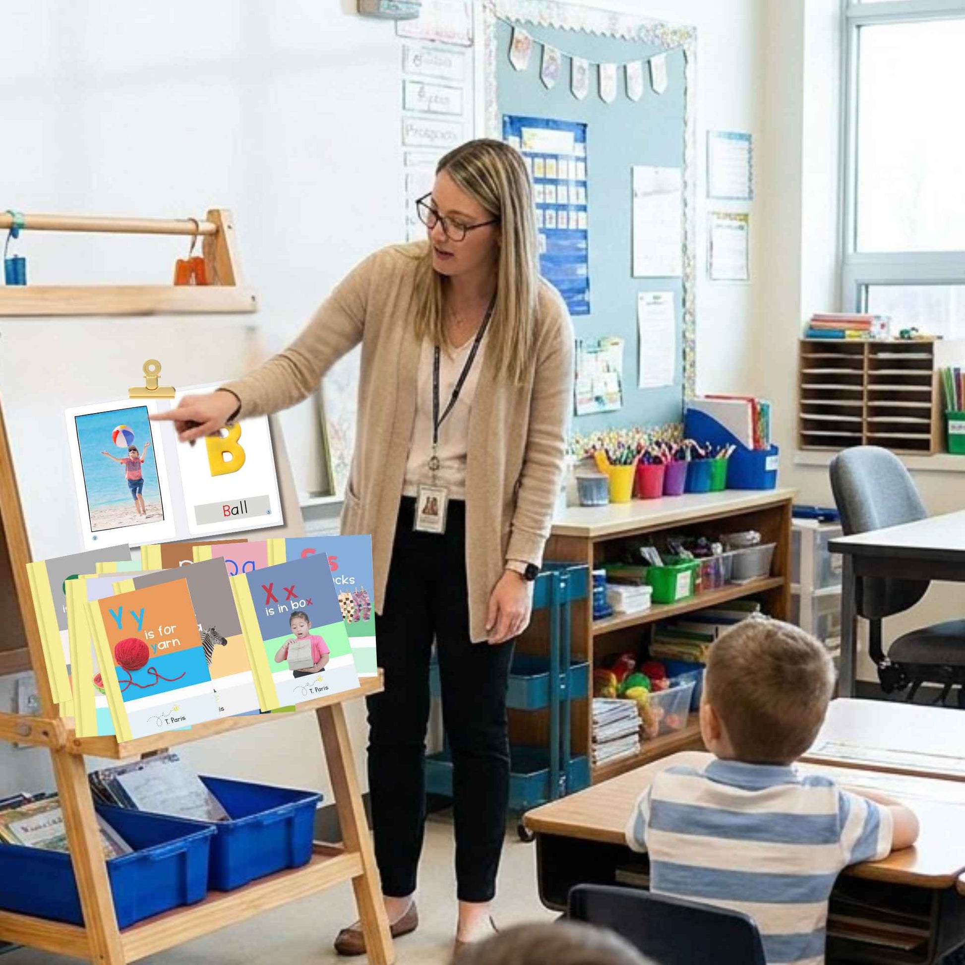 Teacher interacting with a student in a classroom setting