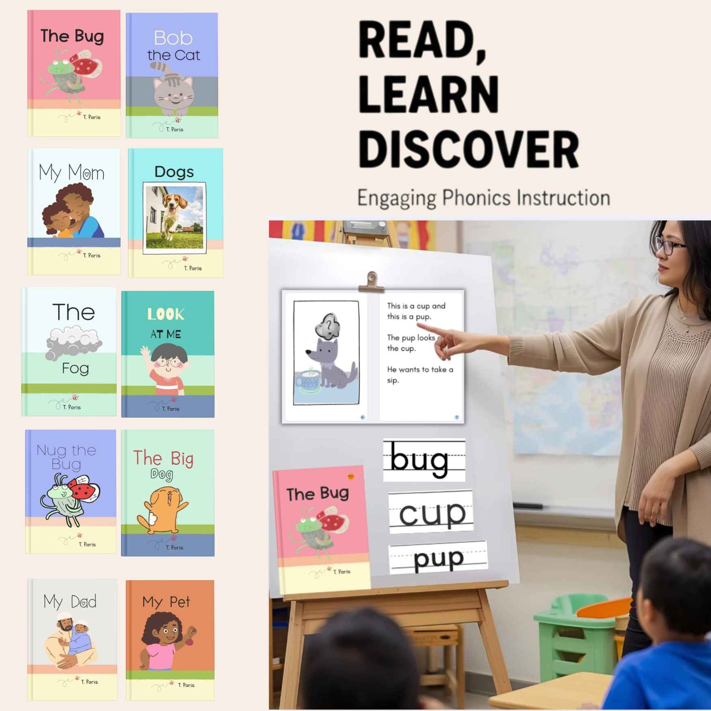 Educational setting with phonics books and a teacher pointing at a whiteboard.
