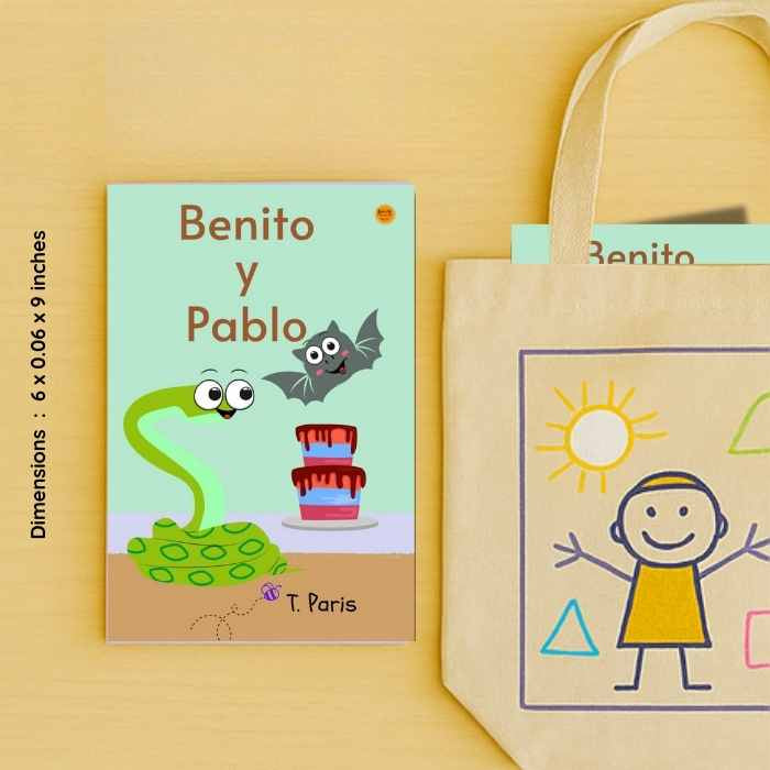 Children's book titled 'Benito y Pablo' with a tote bag featuring a child and shapes design on a yellow background.