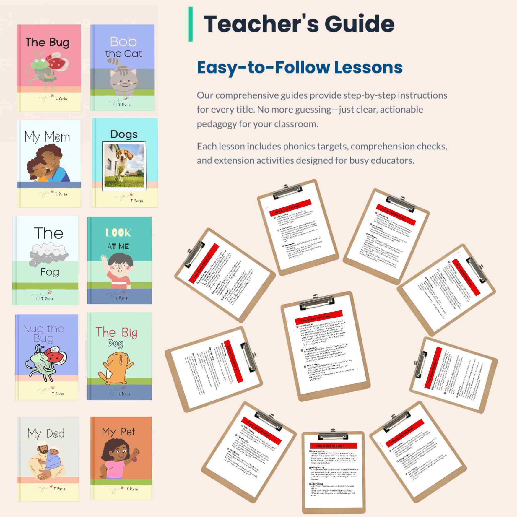Educational materials including books and lesson plans for teachers on a light background