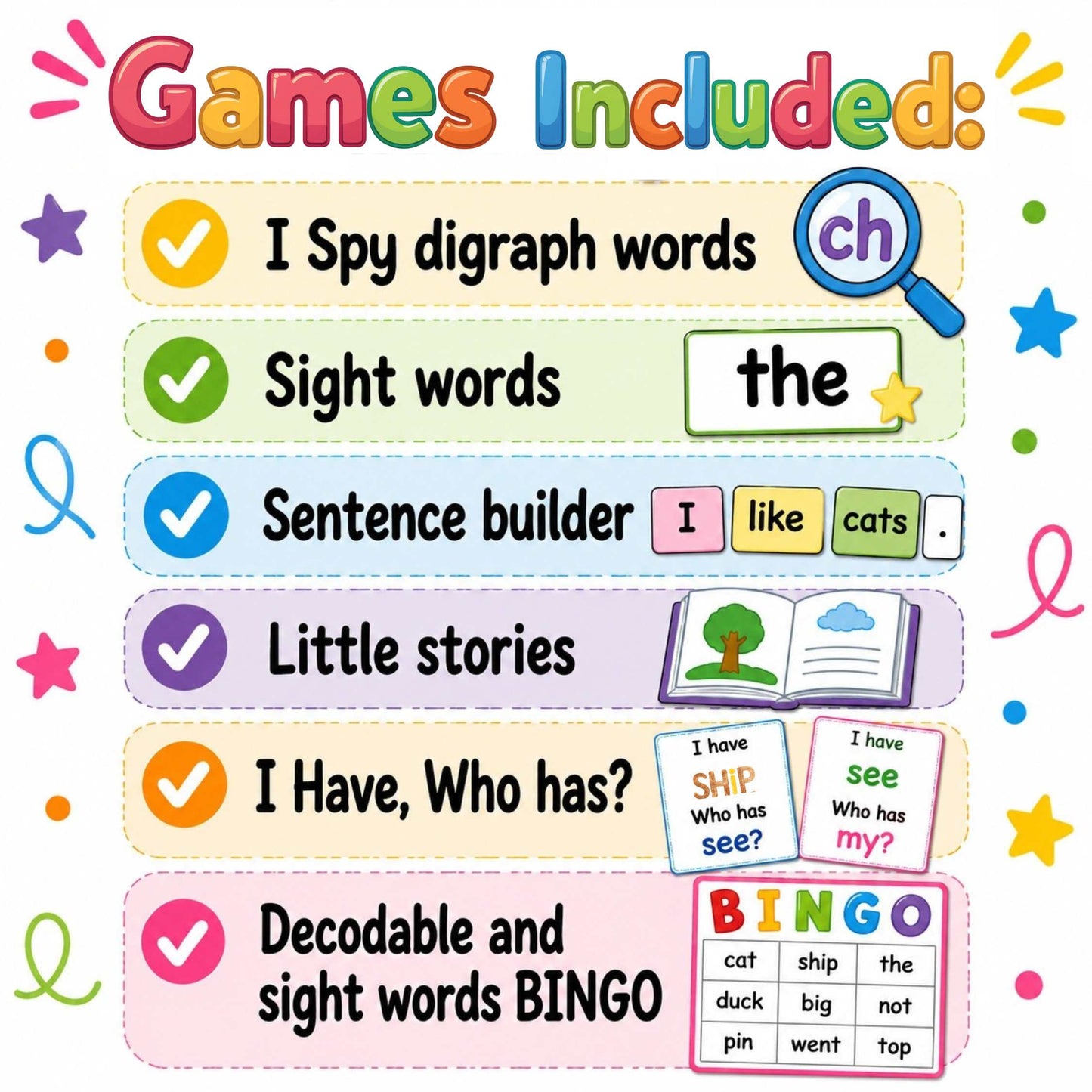 Phonics Games for Digraphs, Fluency & Comprehension: Set of 6