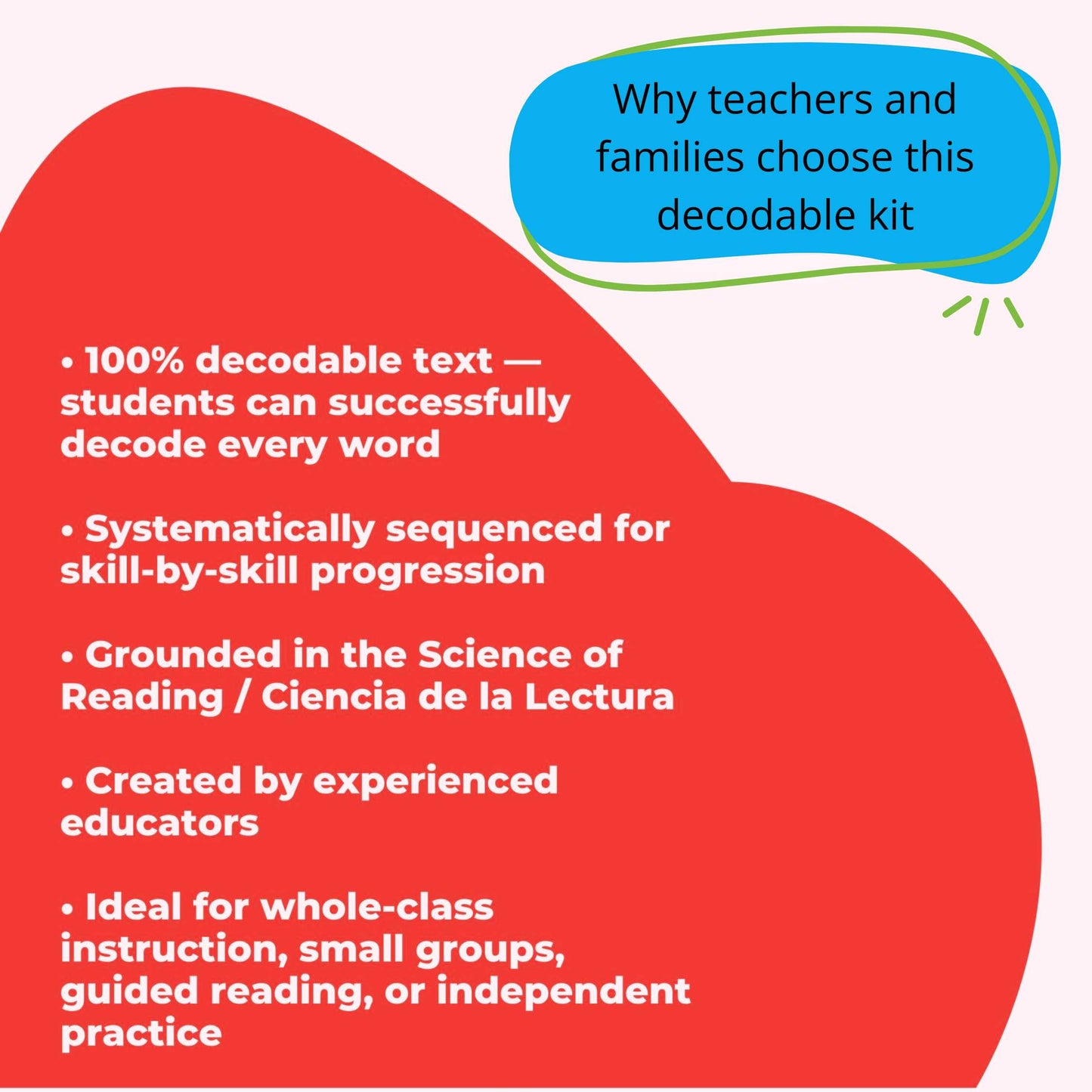 Promotional graphic for a decodable kit with text on a red and blue background