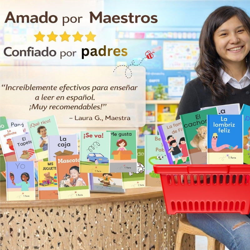 Woman with educational books and a shopping basket in a classroom setting