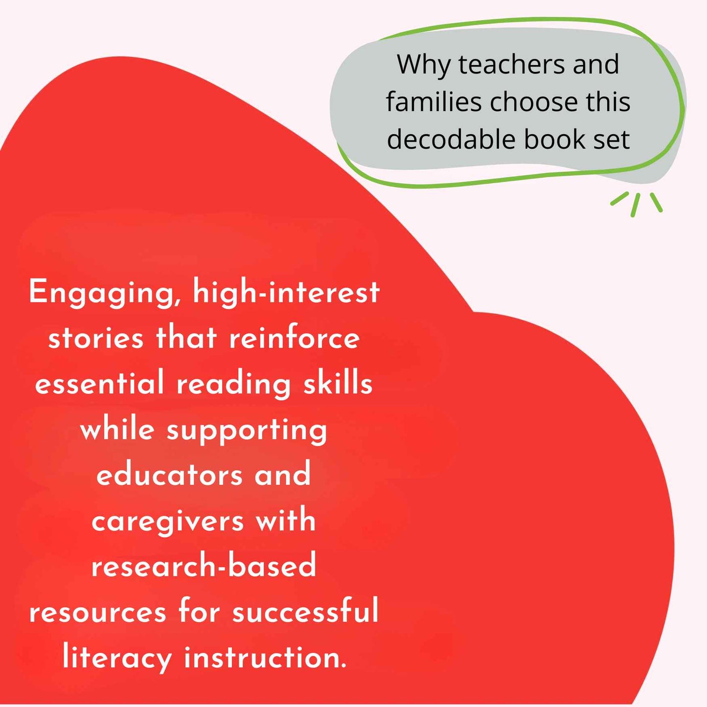 Text about decodable book set on a red background with a green speech bubble.