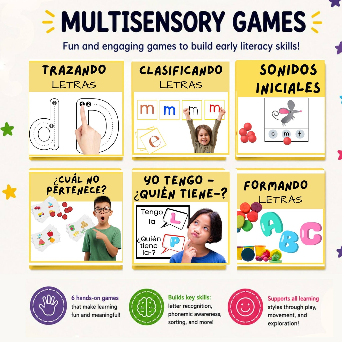 Multisensory games for early literacy skills with colorful graphics and text.
