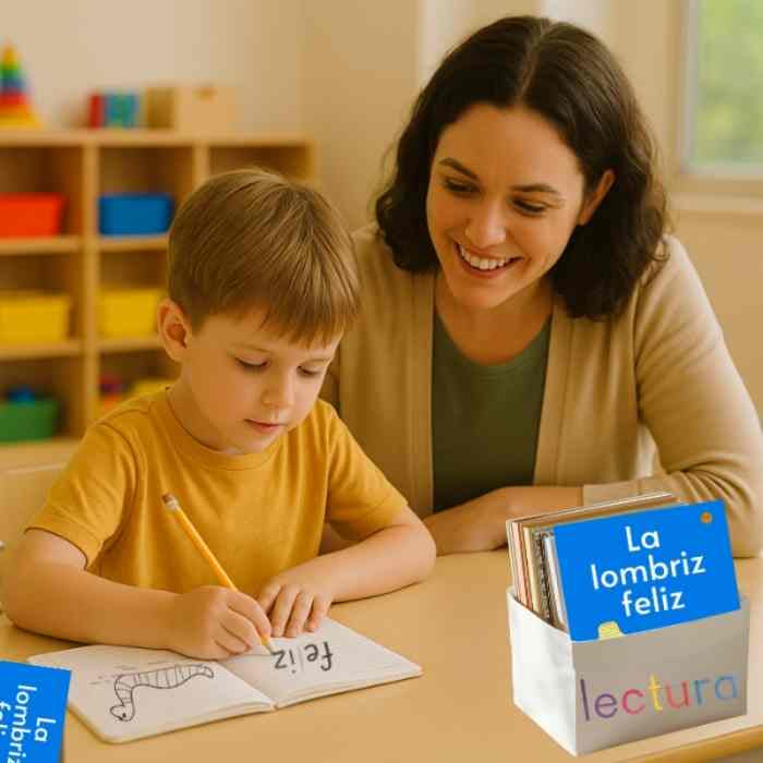 Woman and child sitting at a table with educational materials in a classroom setting