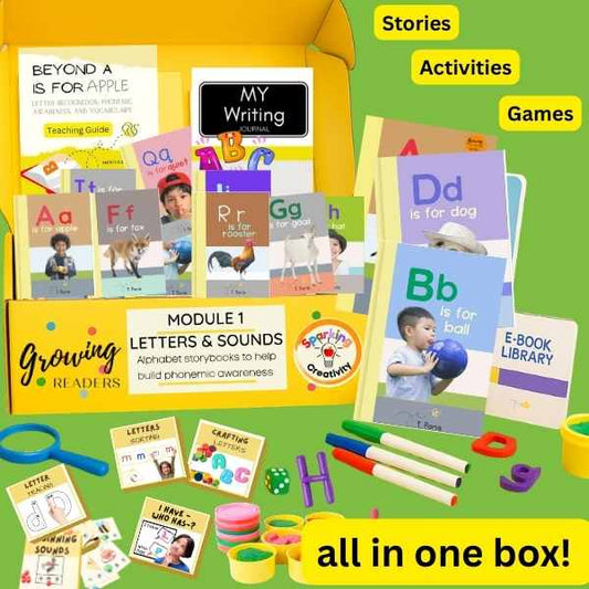 Educational materials for learning letters, sounds, and activities in a box with colorful items.