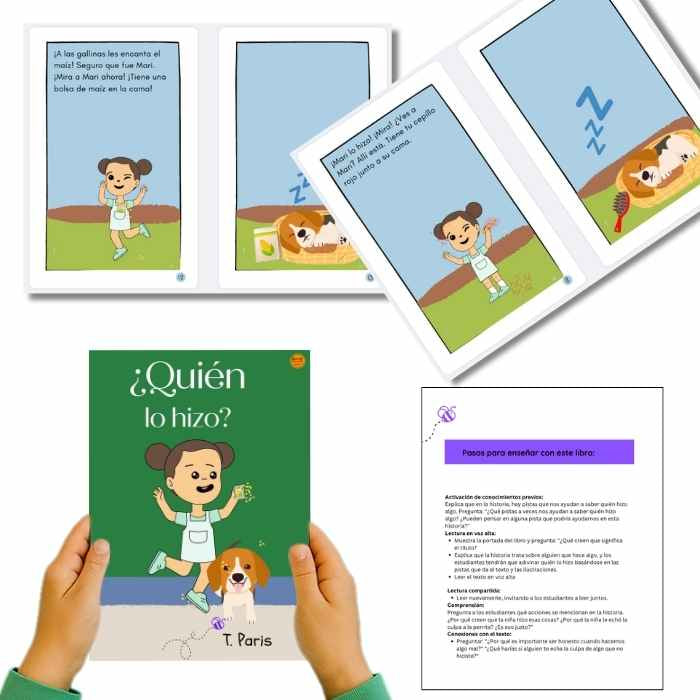 Children's educational book with illustrations and text in Spanish, held by a person.