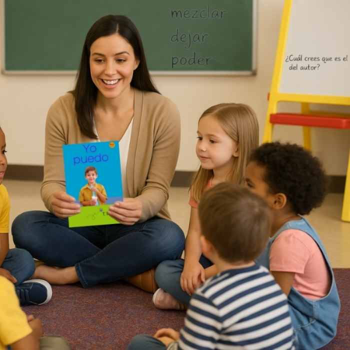Teacher reading a book to a group of children in a classroom setting.