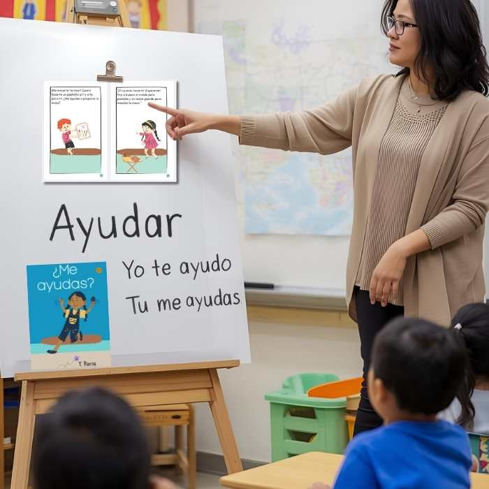 Teacher pointing at educational posters on a whiteboard in a classroom with students.