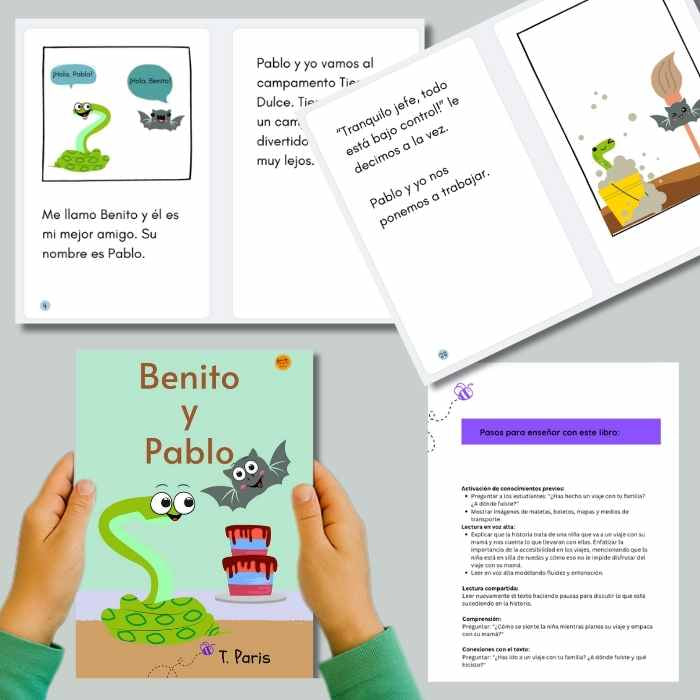 Children's book titled 'Benito y Pablo' held by a child, with additional book pages displayed.
