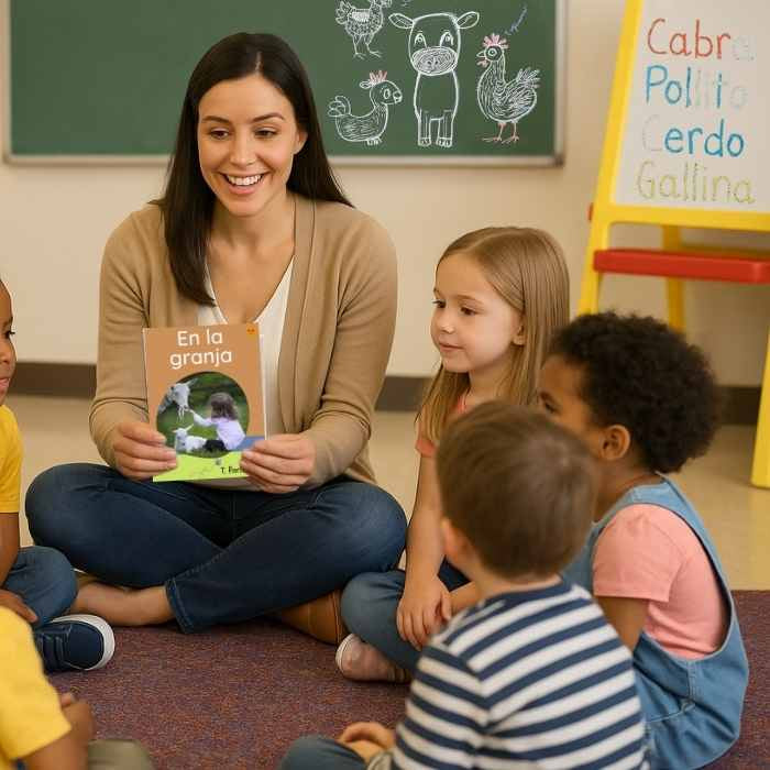 Teacher reading a book to a group of children in a classroom setting.
