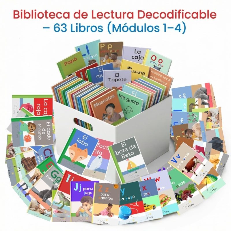 Collection of colorful decodable books library with a white storage box