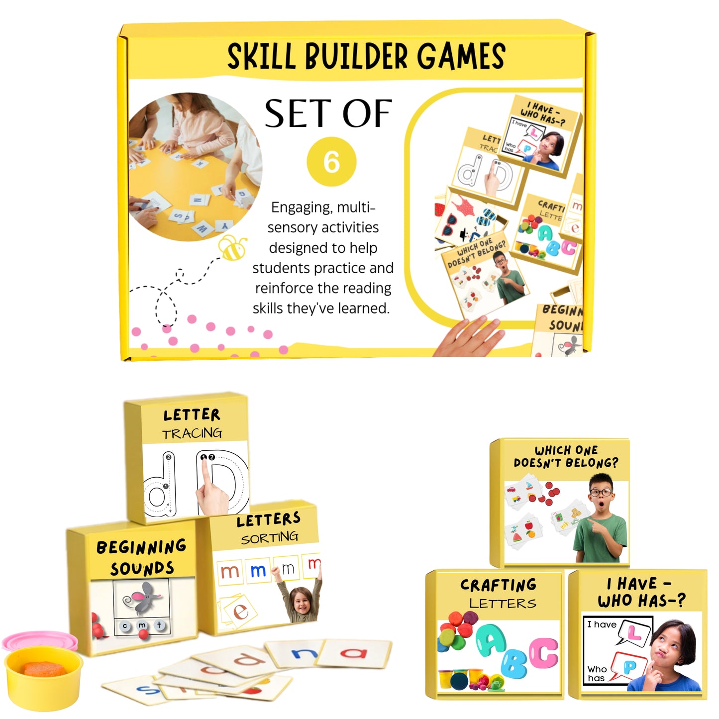 Set of Skill Builder Games for educational activities with cards and a yellow box.