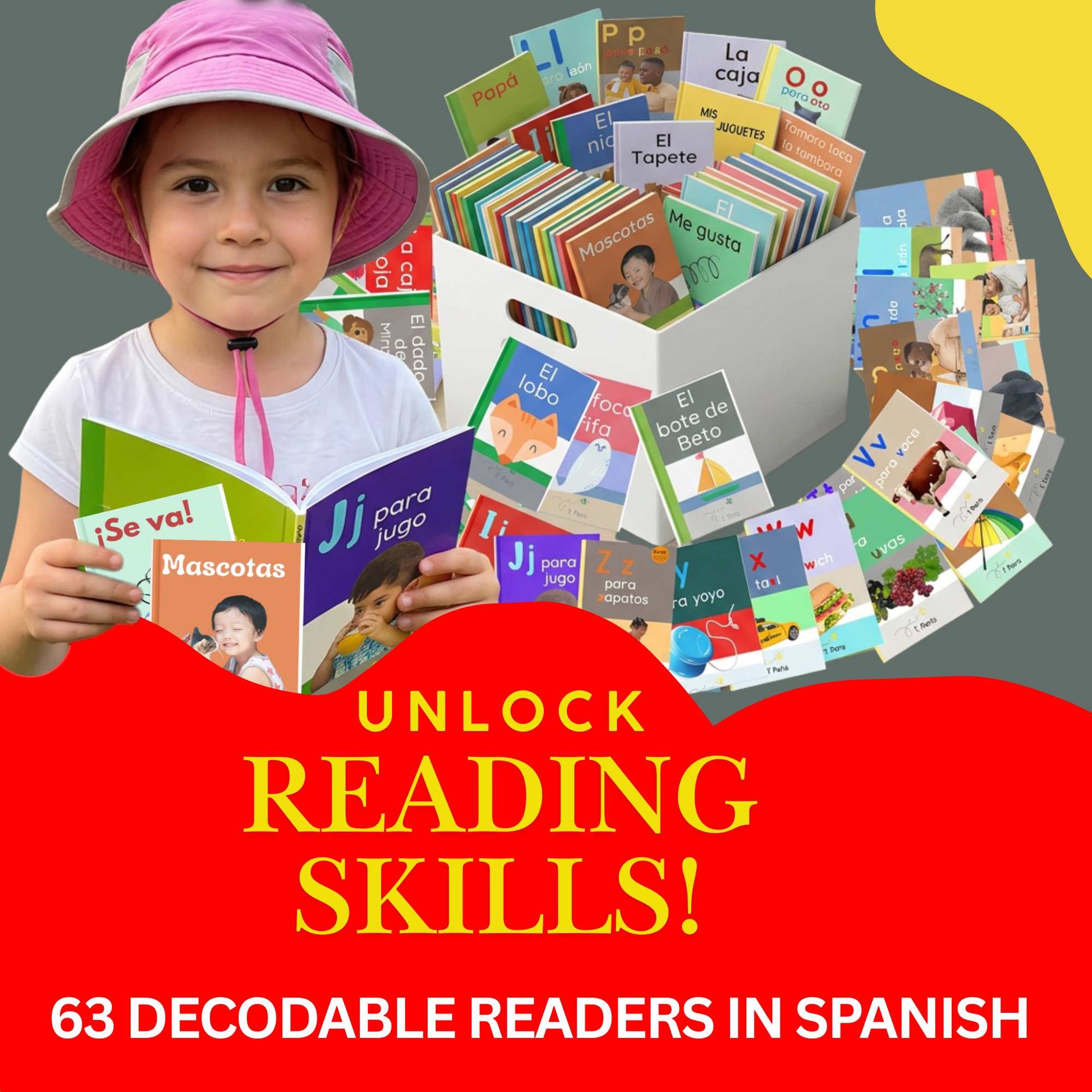 Child holding a Spanish phonic book with reading materials and text promoting decoding skills in Spanish.