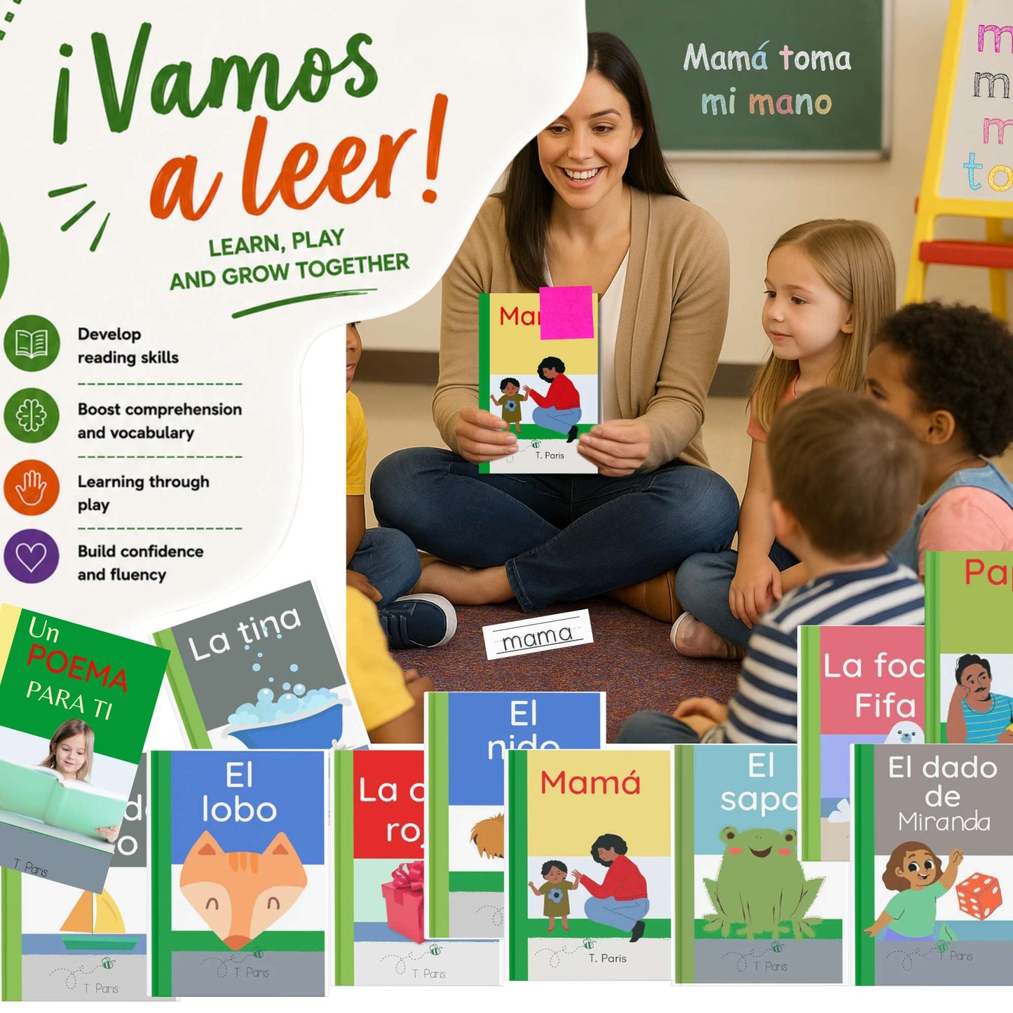 Woman reading a book to children with educational books displayed around them.