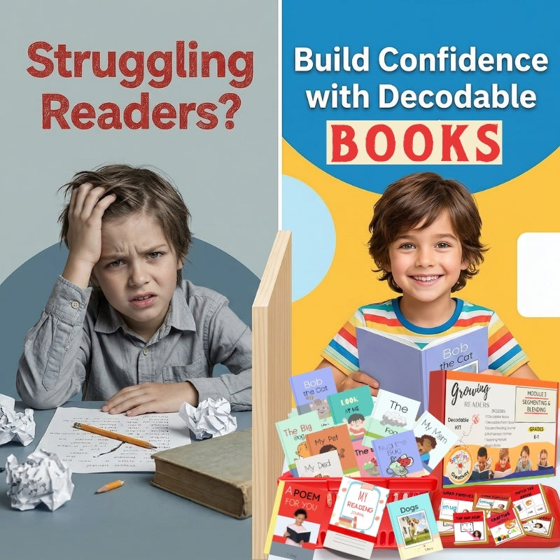 Two images showing a child struggling with reading on the left and a child with confidence reading decodable books on the right.