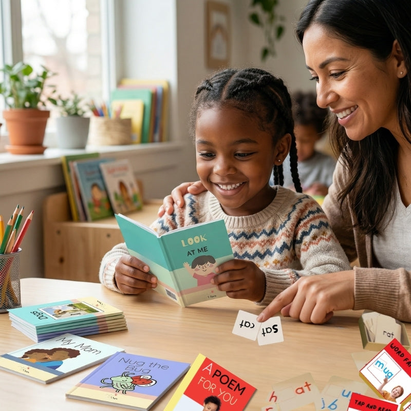 Woman and child reading a book together at a table with educational materials.