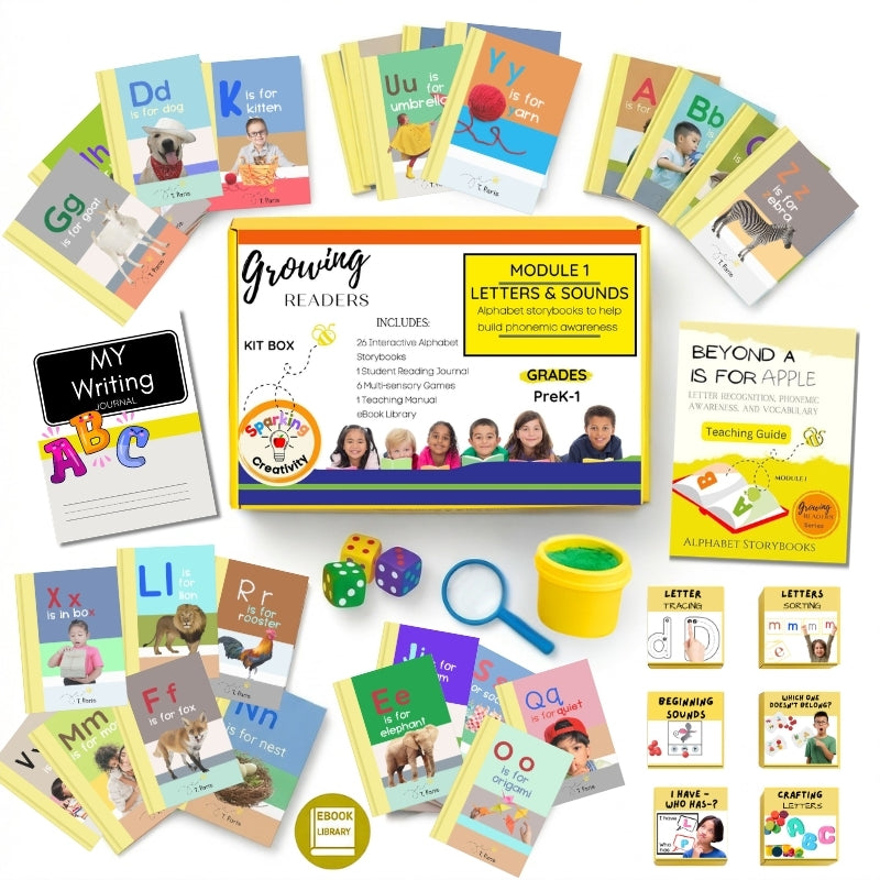 Educational materials for young readers including books, a box labeled 'Growing Readers', and teaching aids on a white background.