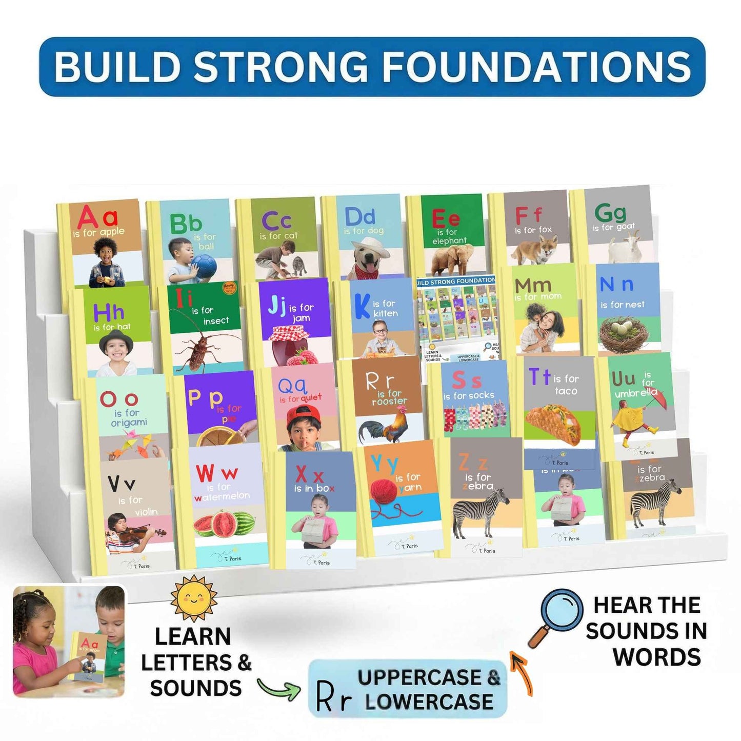 Children's educational books with letters and sounds on a display stand, promoting learning.