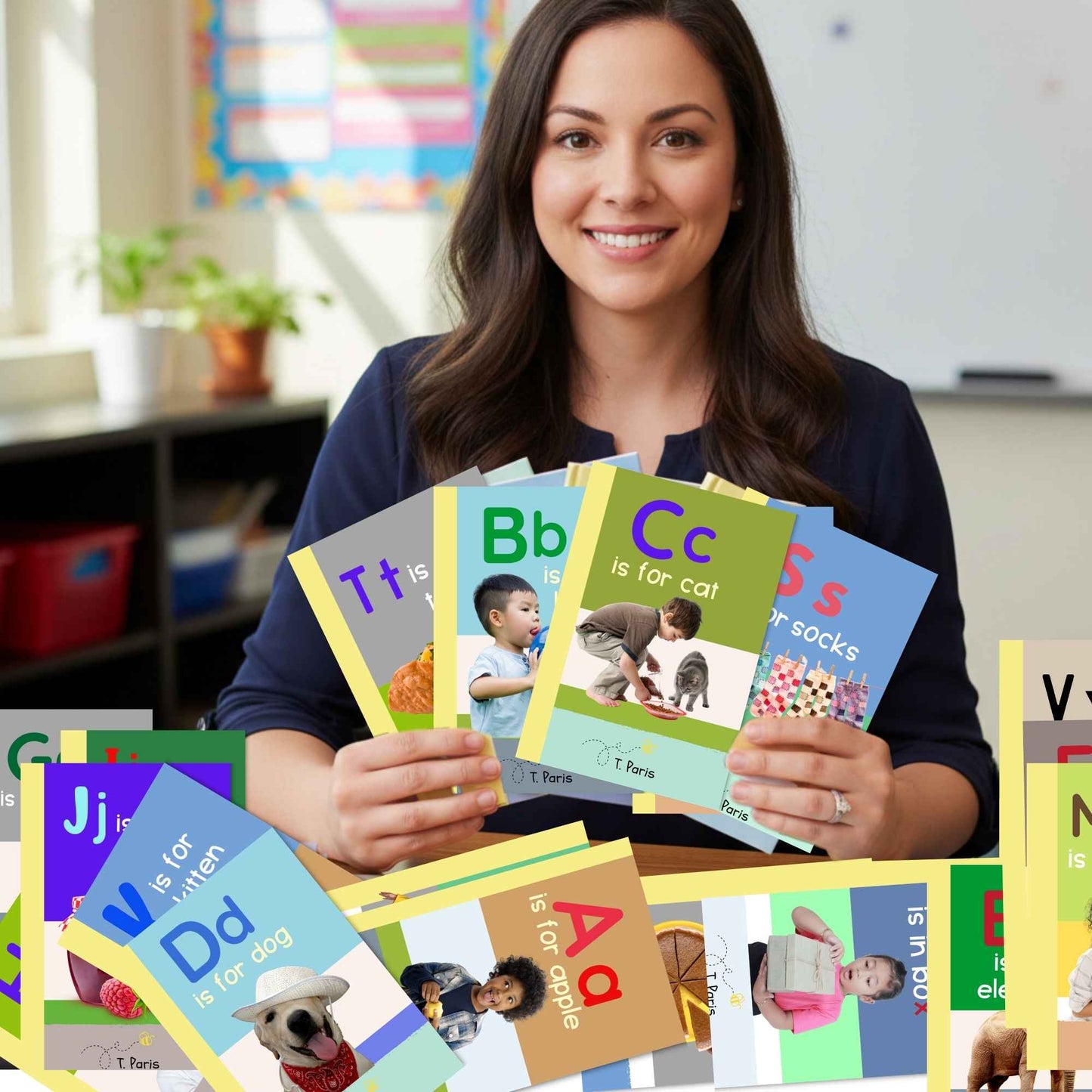 Teacher holding alphabet flashcards in a classroom setting