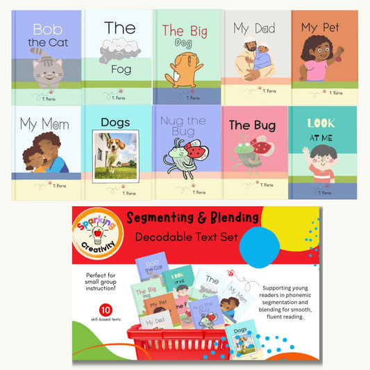 Collection of children's books and a set of decodable text cards on a white background