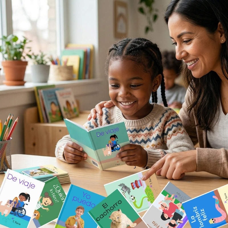 Woman and child reading books together at a table in a classroom setting