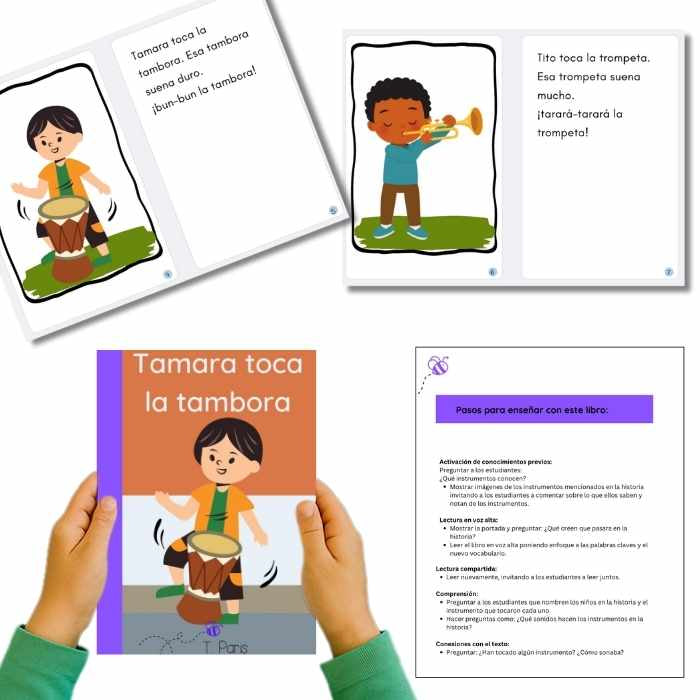 Children's book and illustrations showing a child playing a drum and a child playing a trumpet.