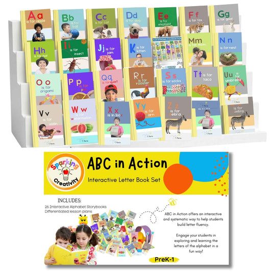 Set of ABC interactive letter books with colorful covers and a display stand, featuring educational content for PreK-1 students.