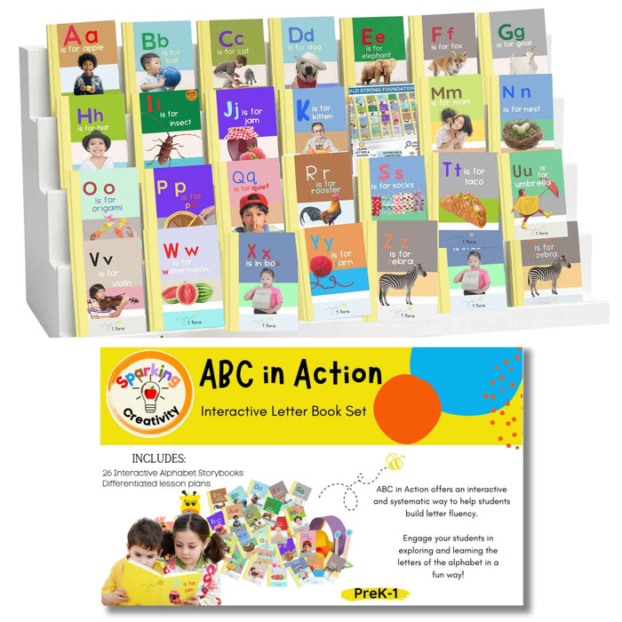 Set of ABC interactive letter books with colorful covers and a display stand, featuring educational content for PreK-1 students.