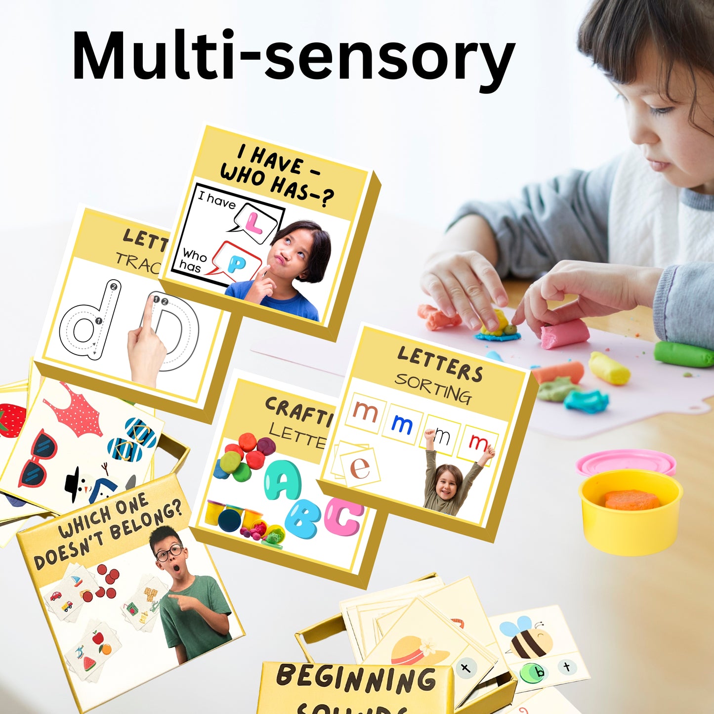Educational cards with activities and a child playing with play dough on a table.