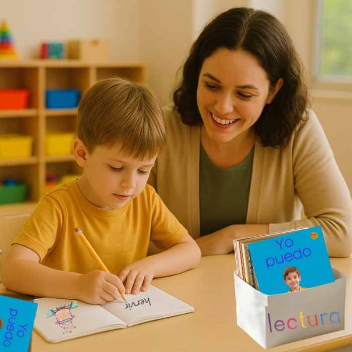 Woman and child sitting at a table with educational materials