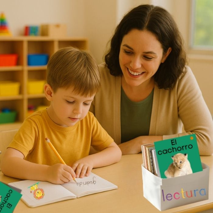 Woman and child sitting at a table with educational materials in a classroom setting