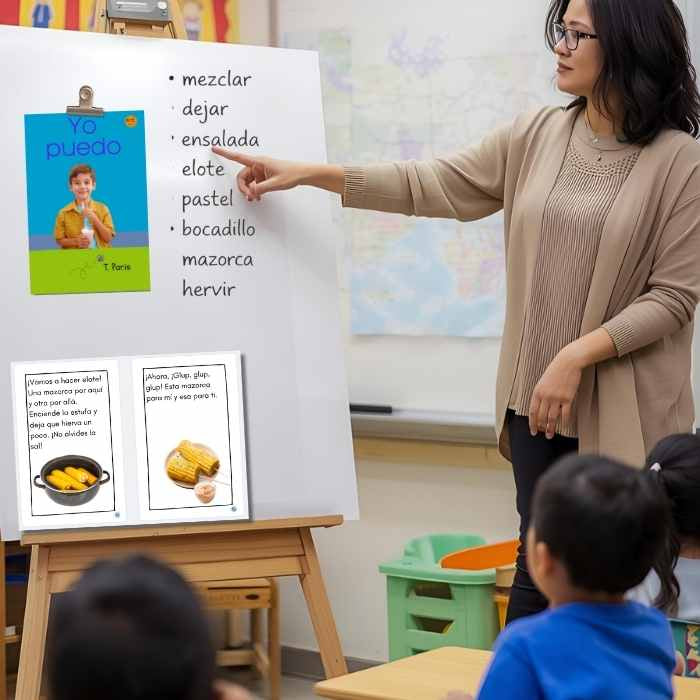 Teacher pointing to a whiteboard with Spanish vocabulary in a classroom setting.