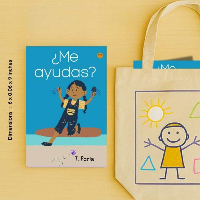 Children's book titled '¿Me ayudas?' by T. Paris next to a tote bag with a child drawing on a yellow background