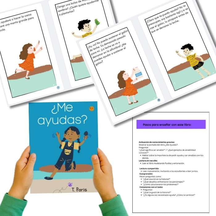 Children's book titled '¿Me ayudas?' held by a child with educational materials on a white background.