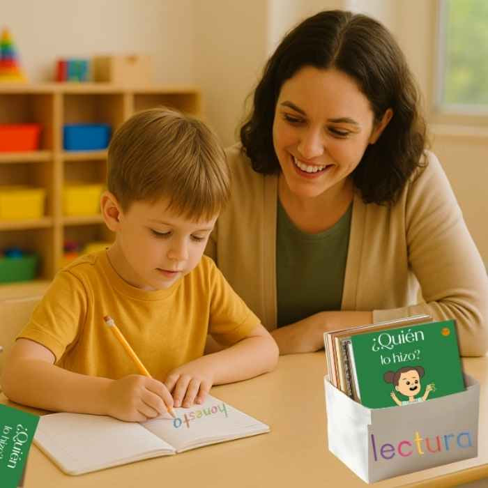 Woman and child reading together at a table in a classroom setting