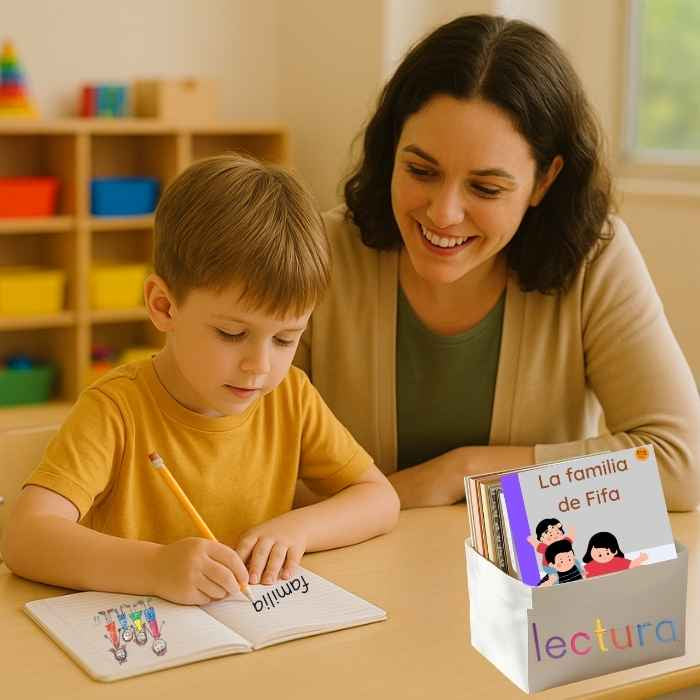 Woman and child reading together with educational materials on a table.