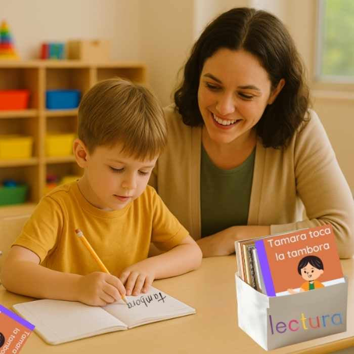 Woman and child in a classroom setting with educational materials