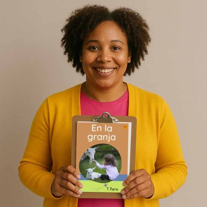 Woman holding a book titled 'En la granja' by T. Paris against a beige background