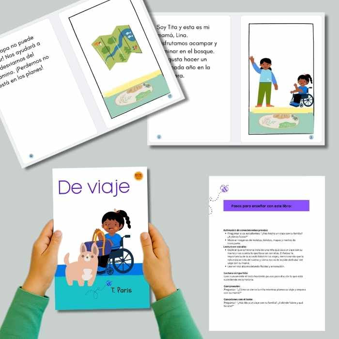 Children's book titled 'De viaje' held by a person with educational materials on a gray background