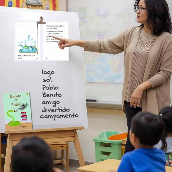 Teacher pointing at a whiteboard with educational materials in a classroom setting.