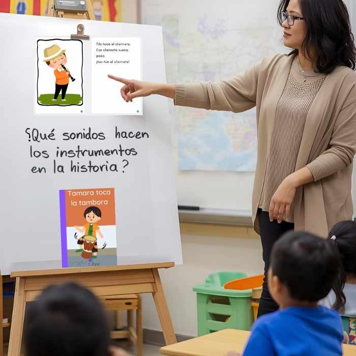 Teacher pointing to a whiteboard with a picture of a child and text, in front of children in a classroom setting.