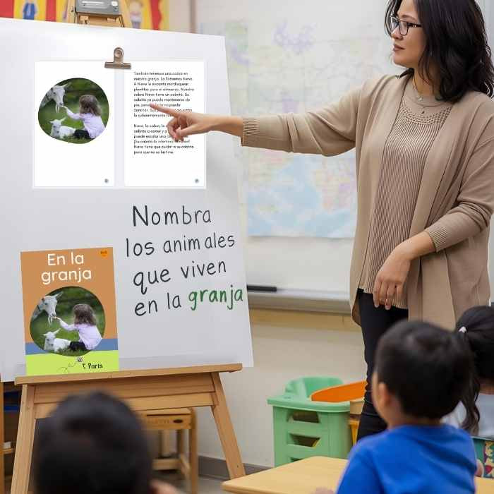 Teacher pointing at a whiteboard with educational content in a classroom setting.