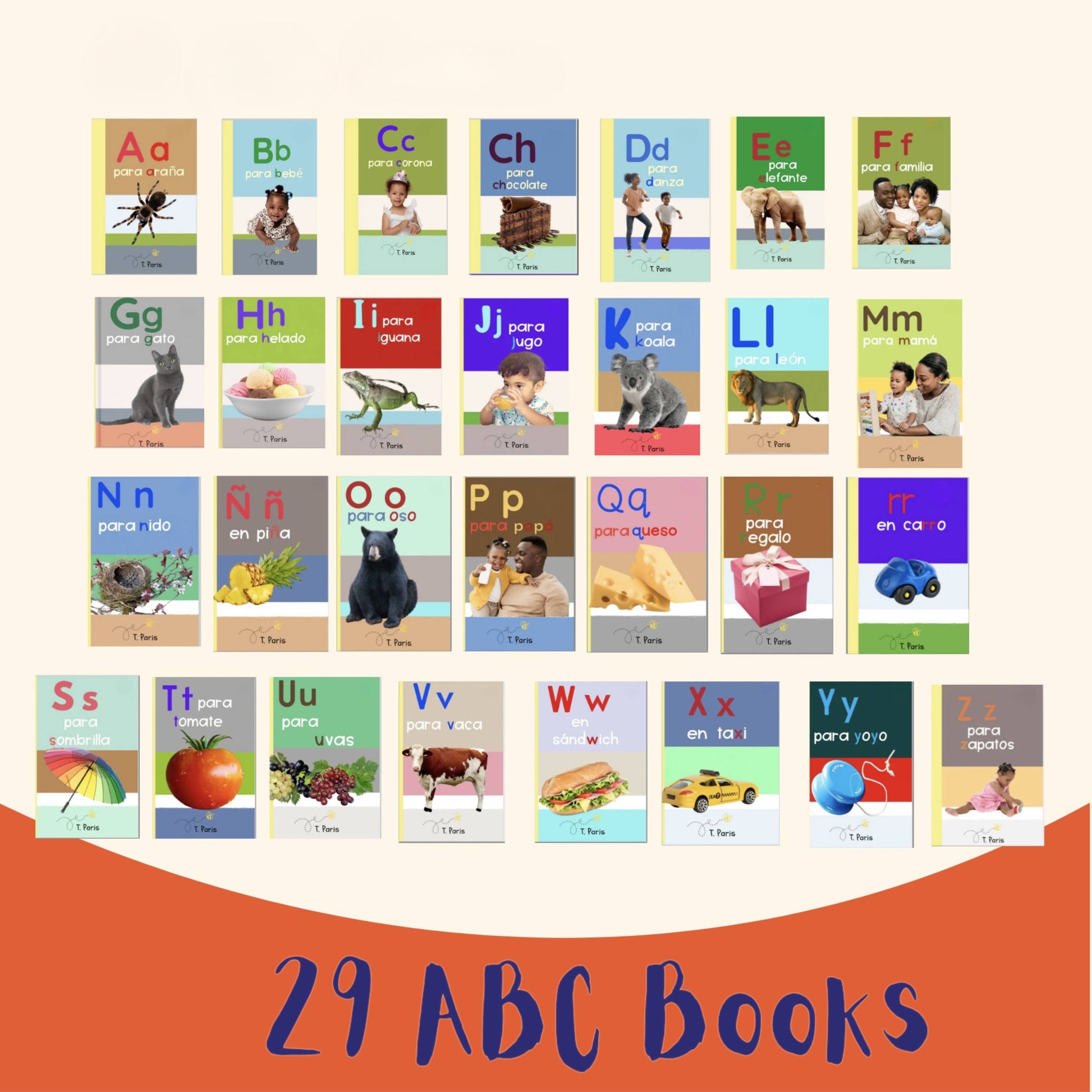 Collection of 29 ABC books with colorful covers and letters on a white background.