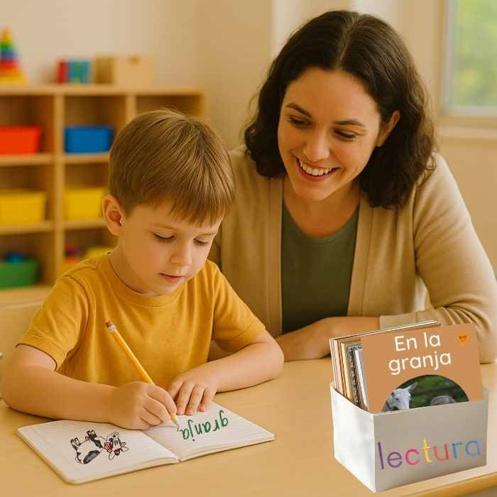 Woman and child sitting at a table with educational materials in a classroom setting