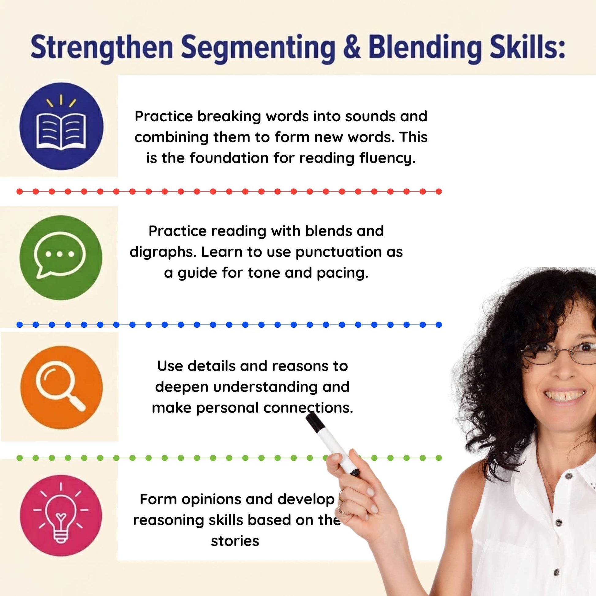 Educational infographic on strengthening reading skills with a woman holding a marker.