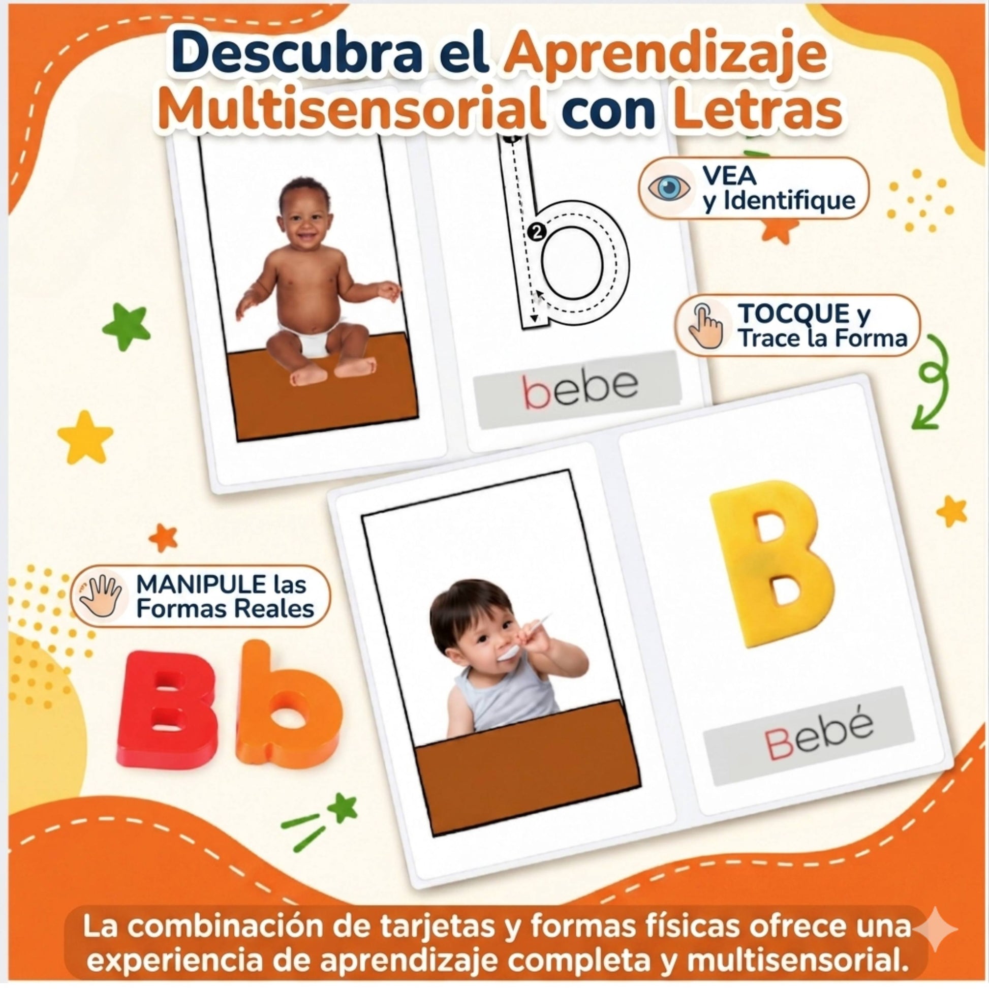 Educational material for multisensory learning with letters, featuring images of babies and letters on a colorful background.
