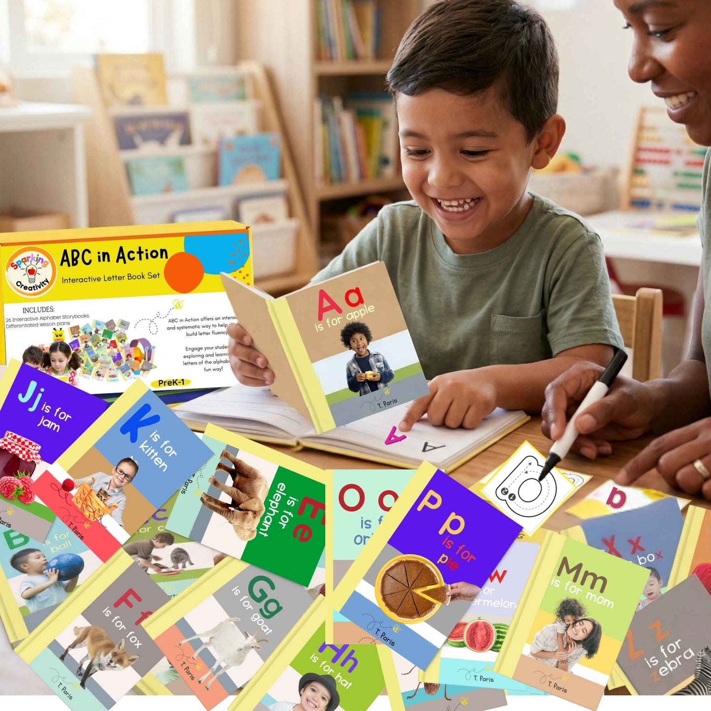 Child and adult with educational books and materials in a classroom setting